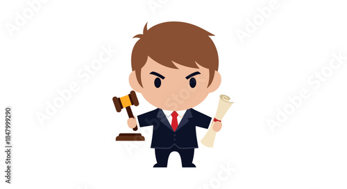 Cartoon lawyer character holding gavel and diploma representing judicial profession