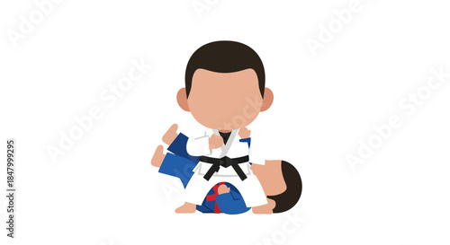 Cartoon martial arts illustration depicting two faceless figures grappling in a dojo setting