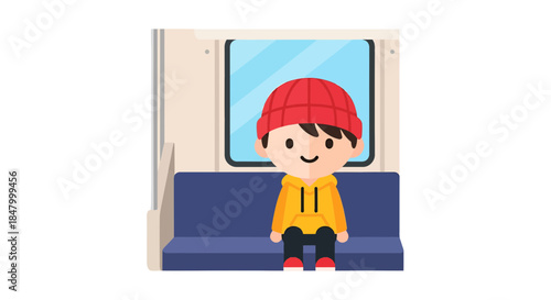 Cartoon style illustration of a boy in transit, traveling via public transport system near the
