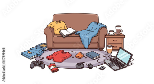 Cartoon representation showcasing a cluttered and disorganized living space with items scattered