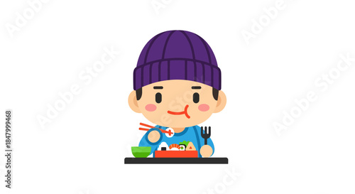 Cartoon style illustration of a young boy enjoying a sushi platter with chopstick skills