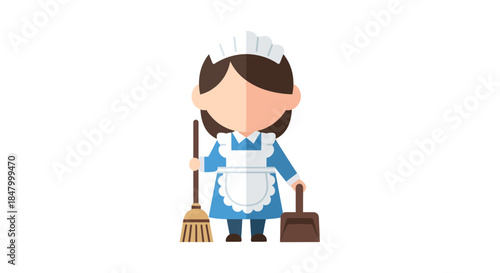 Cartoon style maid illustration with cleaning tools represents domestic service and hygiene concept