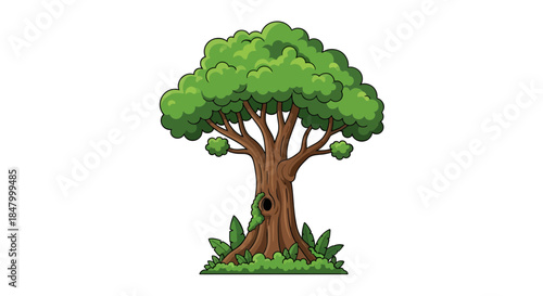 Cartoon tree with leafy canopy and hollow trunk, evoking nature's charm and tranquility