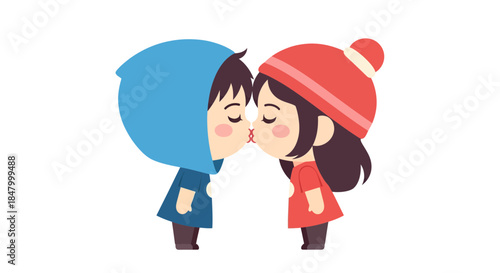Cartoon-styled lovers sharing a tender kiss in adorable winter attire illustration