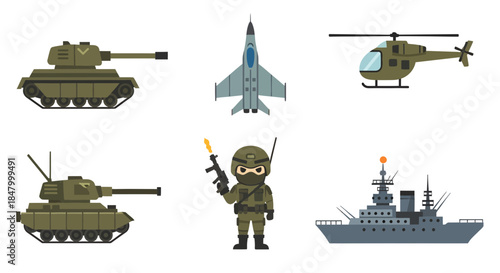 Cartoonish assortment of military vehicles and personnel against clean backdrop