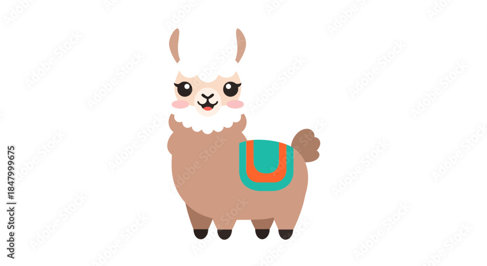 Fototapeta premium Charming cartoon alpaca illustration with vibrant textile accessory over its back