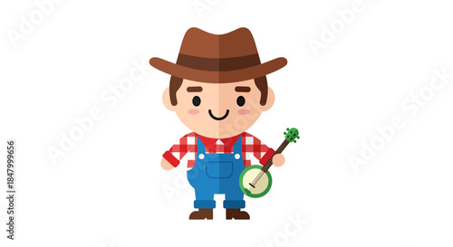 Charming cartoon banjo player in overalls and cowboy hat brings folksy delight