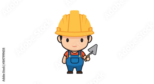Charming cartoon builder with hardhat and tool embodying safety and construction