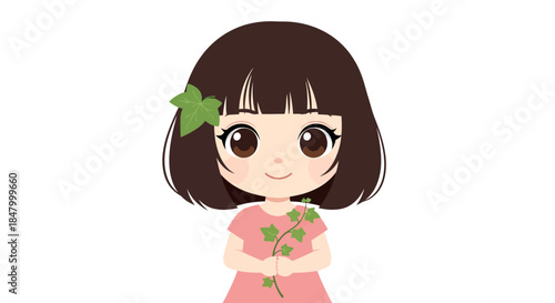 Charming cartoon girl with botanical elements against a clean white backdrop radiating youthful