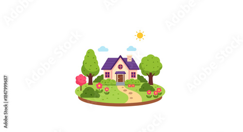 Charming cartoon house nestled amid lush trees and vibrant flowers idyllic scene