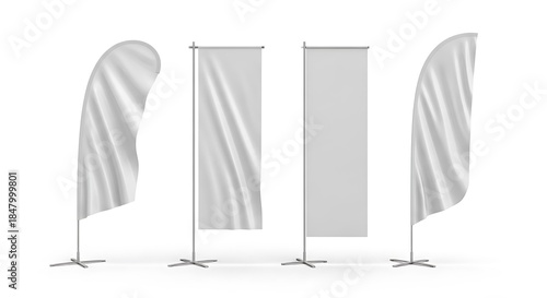 Various blank white feather flags mockup isolated on white background, advertising banner shield, template for design, presentation, promotion