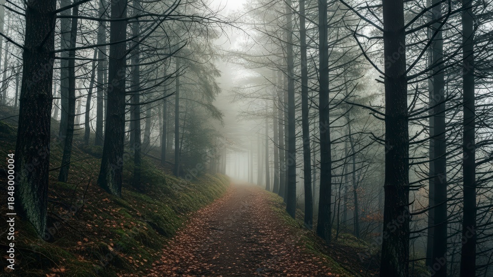 Fototapeta premium Misty Forest Path with Tall Trees and Fallen Leaves.