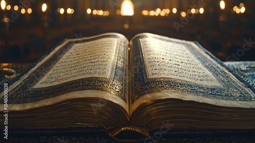 Old open book, ornate gold designs, blurred background of lights