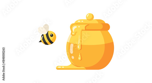 Cheerful honeybee approaching a golden honey pot brimming with sweet liquid