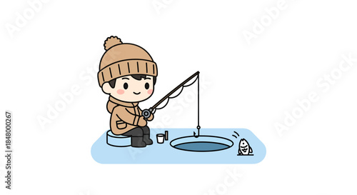 Chibi boy enjoying ice fishing on a bright winter day against a white canvas