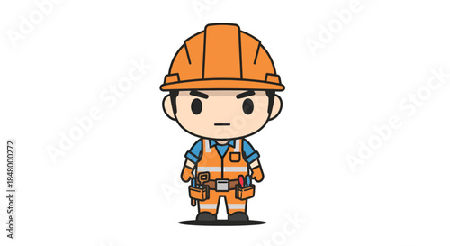 Chibi construction worker with helmet and tools stands poised for any project