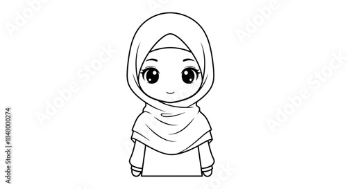 Chibi style monochrome illustration of a girl wearing hijab with cute eyes
