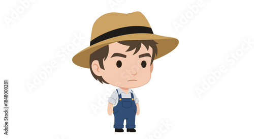 Chibi-Style Farm Boy with Straw Hat and Overalls Character Design Illustration