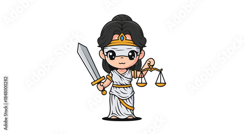 Chibi Justitia cartoon figure, symbol of justice with scales and sword, cute vector depiction of