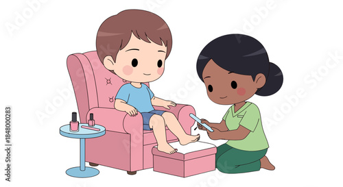 Chibi-Style Boy Relaxing During Pedicure Service with Aesthetician Character Illustration