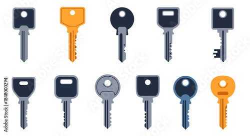Collection of stylized key icons isolated against white background indicating security
