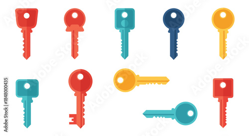 Collection of vibrant flat design keys in diverse shapes and bright colors security concepts