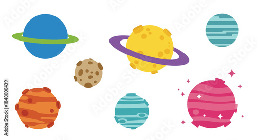 Colorful array of illustrated planets for space exploration themed design work