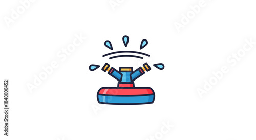 Colorful cartoon illustration of a garden sprinkler distributing water efficiently for irrigation