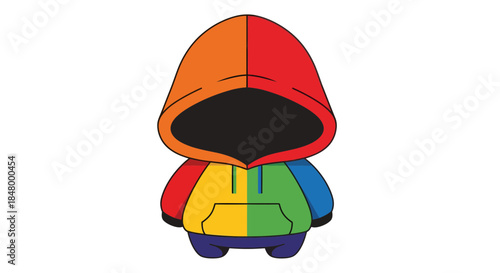 Colorful hooded figure with a dark abyss for a face, embodying modern youth character