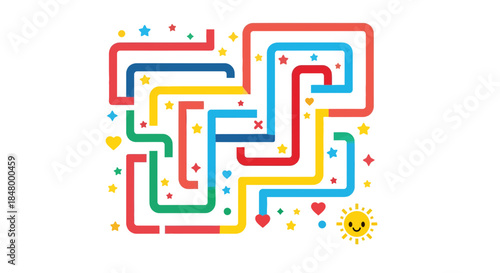 Colorful whimsical maze pattern with stars hearts and sunshine design element art