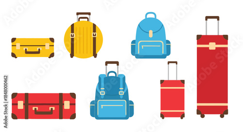 Colorful luggage set depicting different styles and sizes perfect for traveling necessities