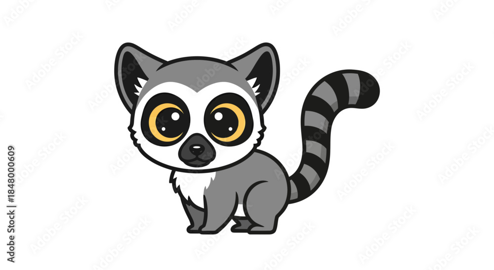 Obraz premium Cute cartoon lemur with big eyes and striped tail isolated on white background