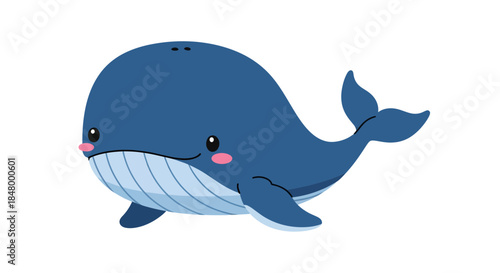 Cute blue whale cartoon illustration with charming facial expression on white background
