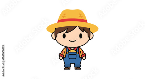 Cute cartoon farmer character wearing overalls and a straw hat illustration