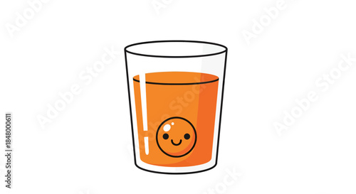 Cute cartoon glass with orange juice and a smiley face on a white background