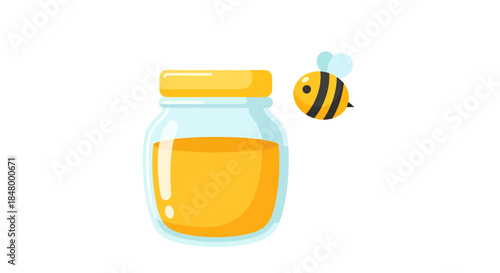 Delicious honey in a glass jar with cute bee illustration and vector graphics on white