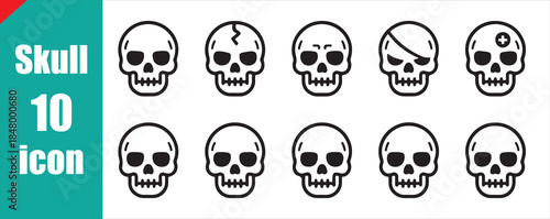 Simple line art human skull icon set. Vector skeleton head symbol collection.