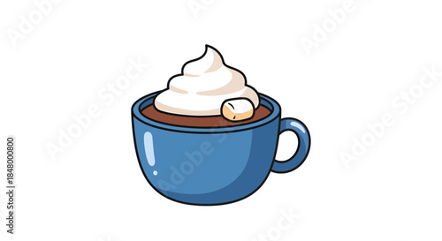 Delightful cartoon illustration of hot chocolate topped with whipped cream in a blue cup