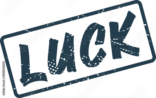 Distressed navy blue rubber stamp with the word LUCK boldly displayed inside a rectangular frame