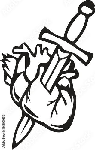 Stylized human heart pierced by a sharp dagger symbolizing pain and betrayal