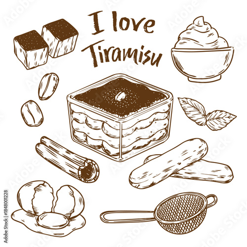Isolated hand drawn I love tiramisu dessert outline drawing illustration