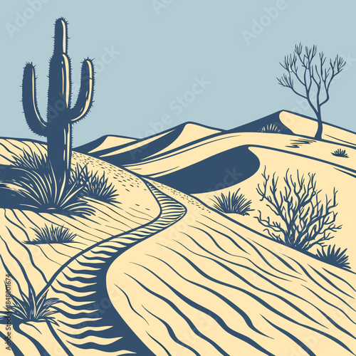 Desert path with cacti and dunes