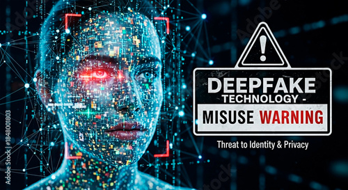 Deepfake Technology Misuse Warning for the concept of identity and privacy.