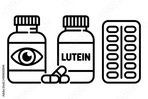 Eye Health Supplements Represented by Pills, Bottles, and Blister Pack