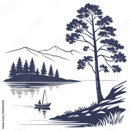 Serene lakeside scene with boat and trees