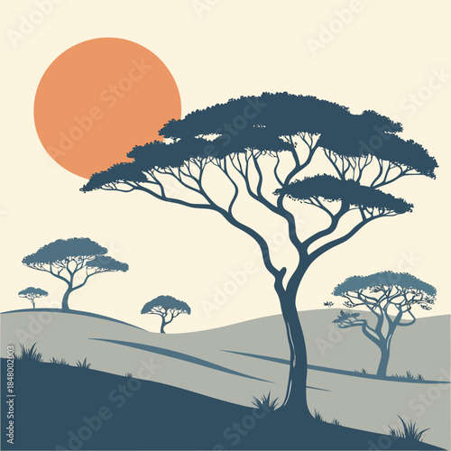 Silhouetted tree in sunset landscape