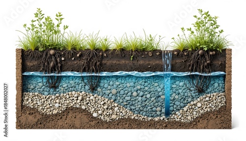 Understanding groundwater and soil filtration: a detailed cross-section of water movement and earth layers. bioswale