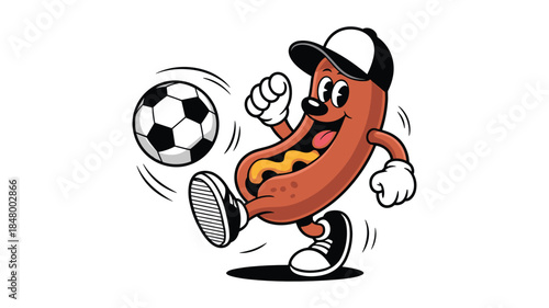 Cartoon hot dog character wearing a baseball cap playing soccer with a soccer ball football