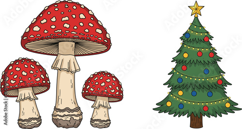 Christmas Tree and Toadstool Mushroom Illustration Set Featuring Festive Holiday Decoration and Fairy Tale Forest Elements for Winter Seasonal Design