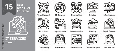 IT Services icon set. Contains networking, cybersecurity, software setup, maintenance, and data solutions. Editable outline vector illustration.